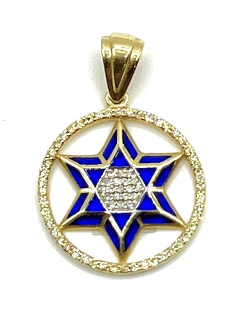 14K Gold & Diamond With Blue Enamel Star of David Round Necklace